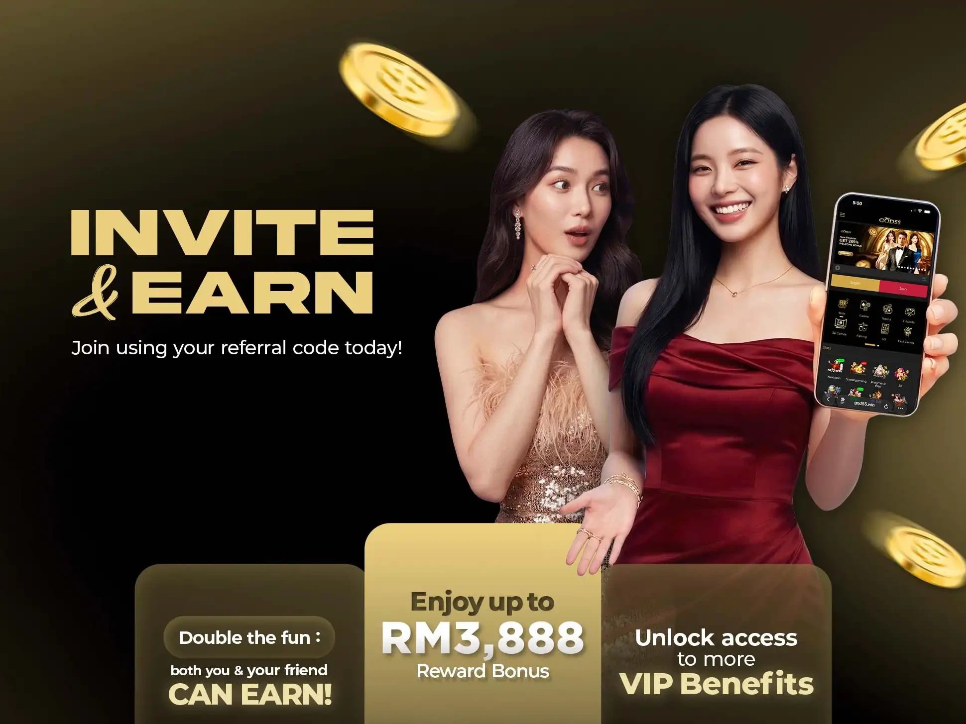 GOD55 Invite & Earn – up to RM3,888 reward bonus